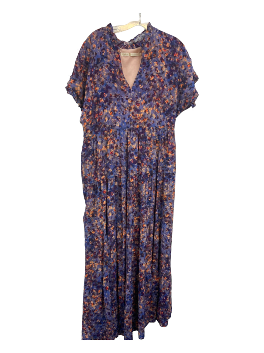 Marie Oliver, Marie Oliver Size 1 Purple Print Rayon V Neck Abstract Short Sleeve Maxi Dress