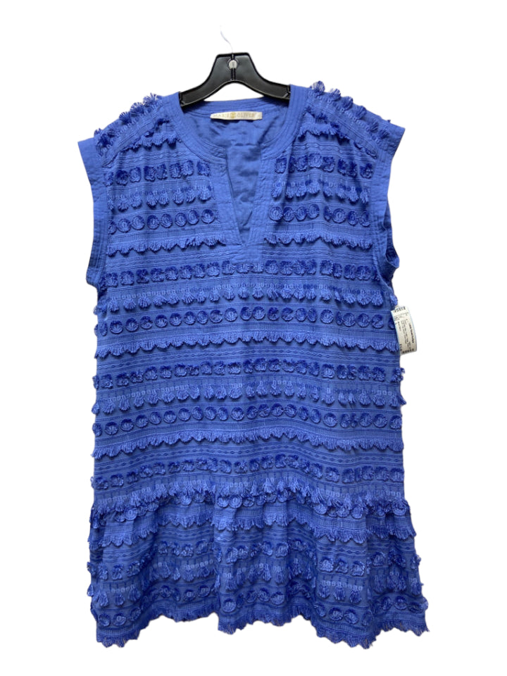 Marie Oliver, Marie Oliver Size L Periwinkle Blue Cotton Fringe Tiered V Neck Cap Sleeve Dress