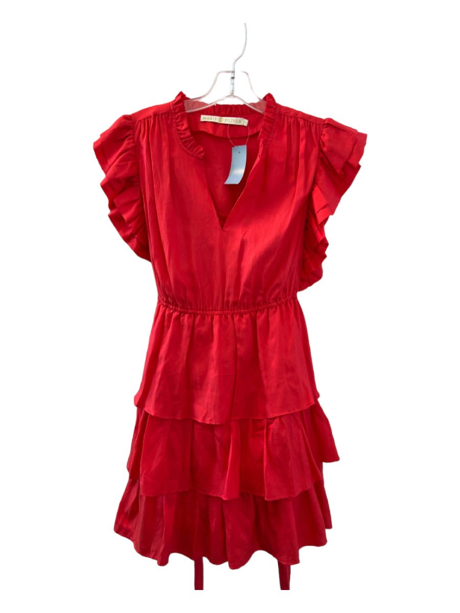 Marie Oliver, Marie Oliver Size M Tomato Silk & Cotton Flutter Sleeves Ruffles Dress