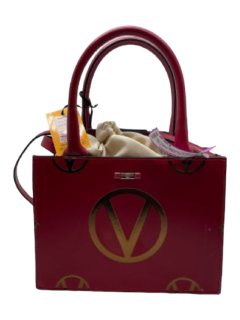 Mario Valentino, Mario Valentino Red & Gold Leather Painted Logo Structured Rolled Handles Bag