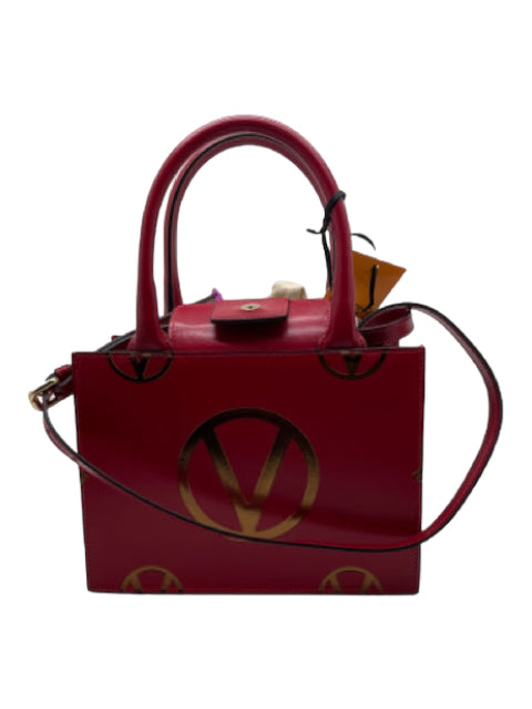 Mario Valentino, Mario Valentino Red & Gold Leather Painted Logo Structured Rolled Handles Bag