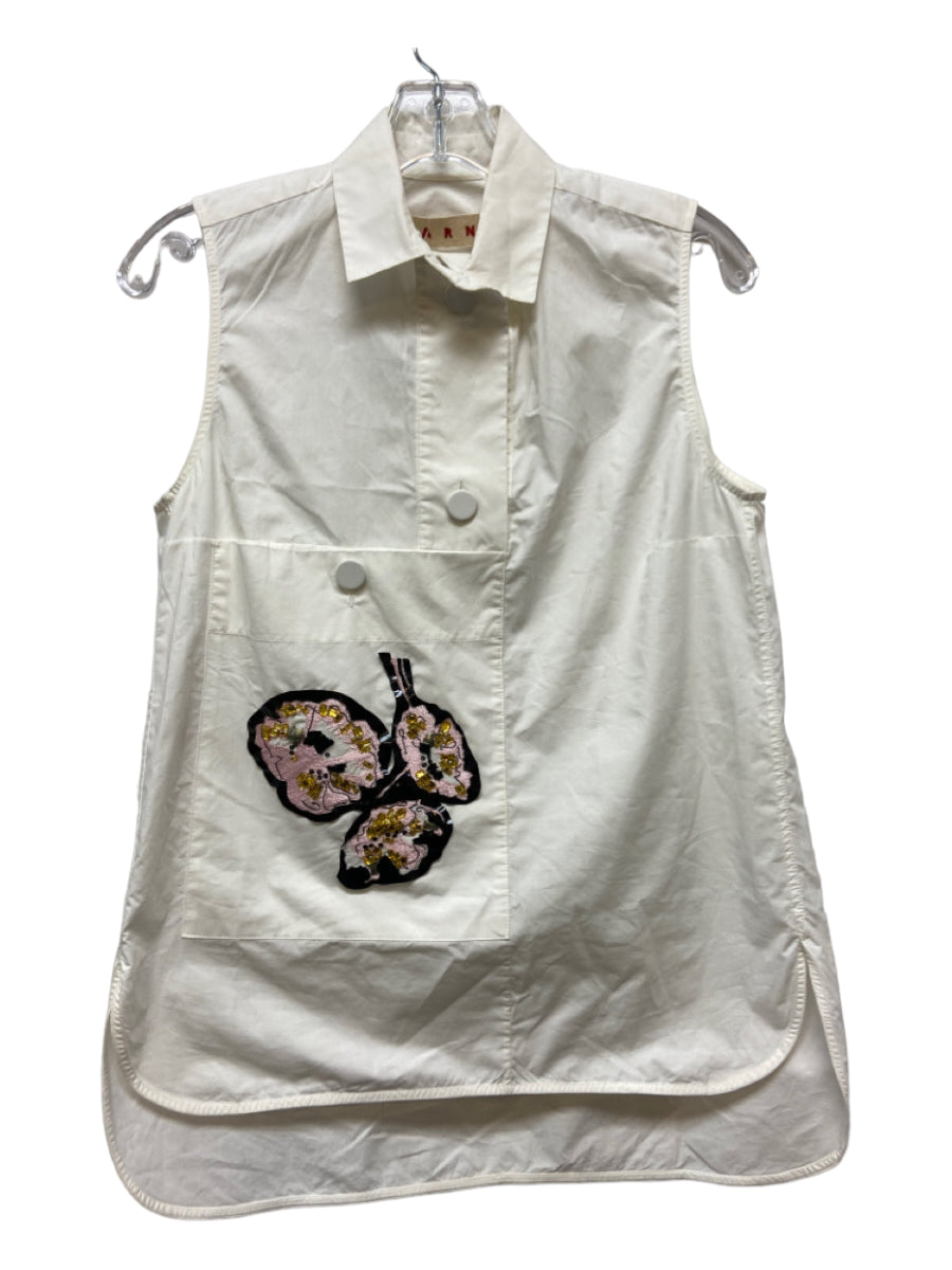 Marni, Marni Size 38 White, Pink & Black Cotton Sequins Abstract Floral Sleeveless Top