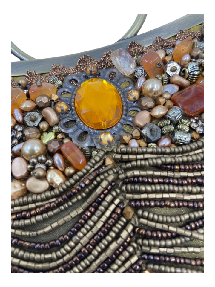 Mary Frances, Mary Frances Brown & Bronze Beaded O ring detail Chain Strap Stone Accent Bag