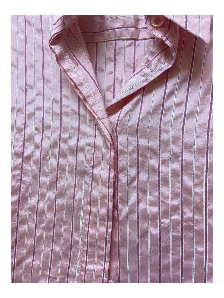 Max Mara, Max Mara Size 8 Pink & White Silk Pinstripe Button Up Collared Long Sleeve Top