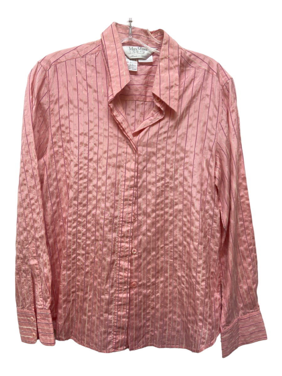 Max Mara, Max Mara Size 8 Pink & White Silk Pinstripe Button Up Collared Long Sleeve Top