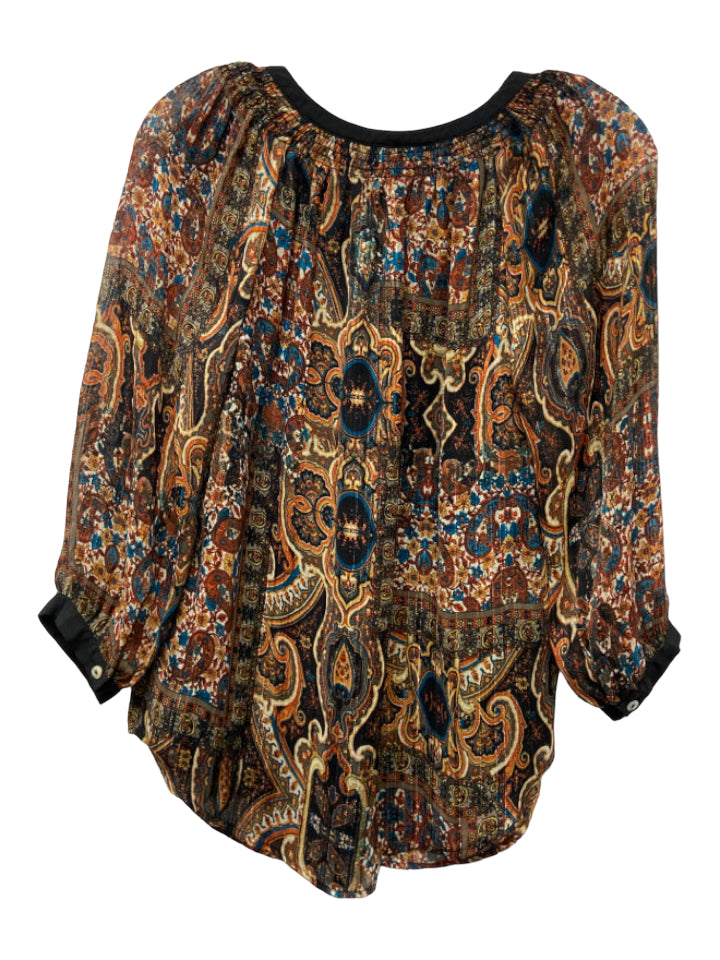 Meadow Rue, Meadow Rue Size XS Black Multi Polyester Paisley Shimmer Tie Neck loose fit Top