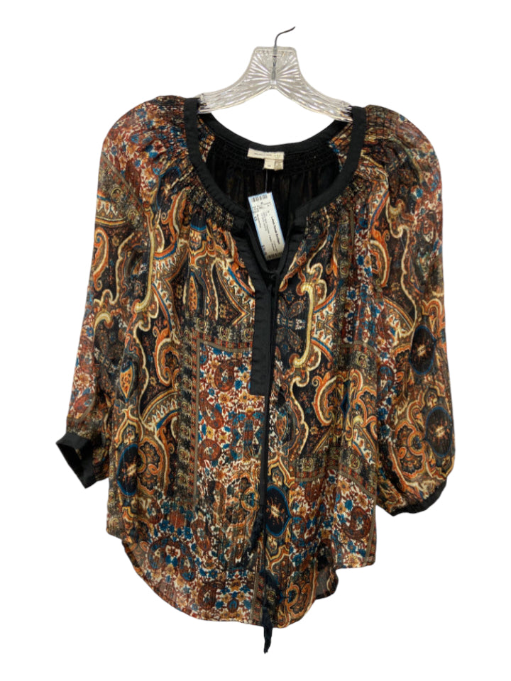 Meadow Rue, Meadow Rue Size XS Black Multi Polyester Paisley Shimmer Tie Neck loose fit Top