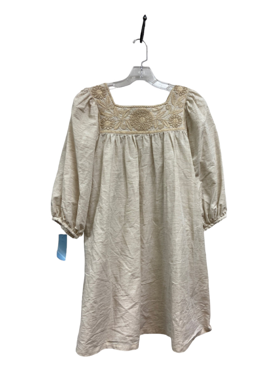 Mi Golondrina, Mi Golondrina Size XS Beige Linen Floral Embroidered Eyelets Pockets Dress