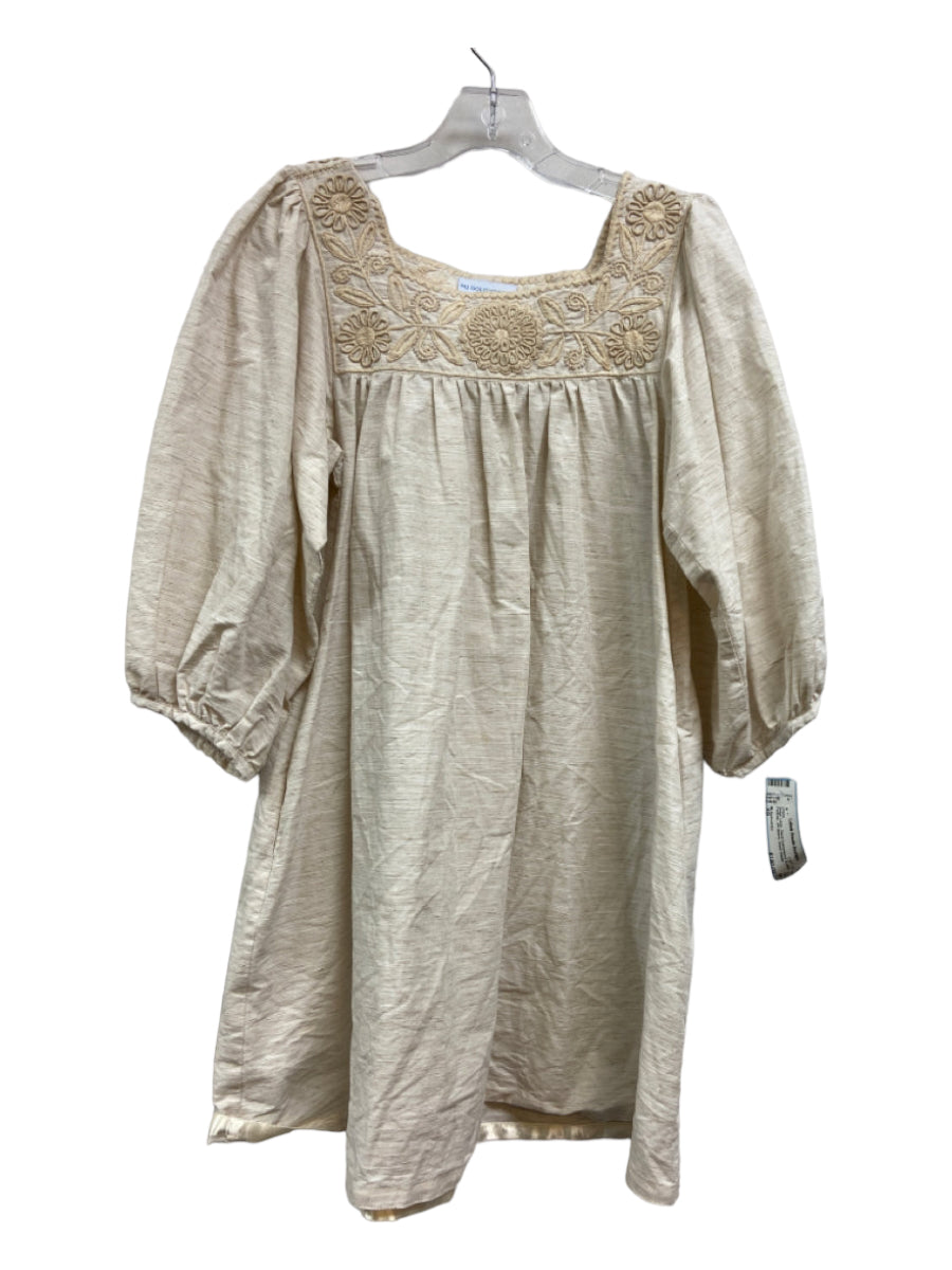 Mi Golondrina, Mi Golondrina Size XS Beige Linen Floral Embroidered Eyelets Pockets Dress