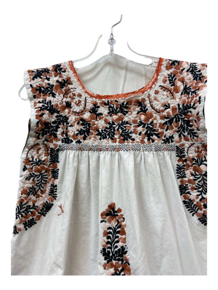 Mi Golondrina, Mi Golondrina Size XS White, Brown, Black Cotton Floral Embroidery Dress