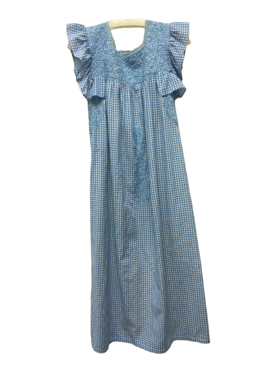 Mi.iM, Mi.iM Size XS Blue & White Cotton Gingham Floral Embroidery Midi Dress