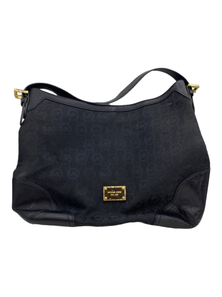 Michael Michael Kors, Michael Michael Kors Black Canvas & Leather Shoulder Bag Gold Hardware Bag