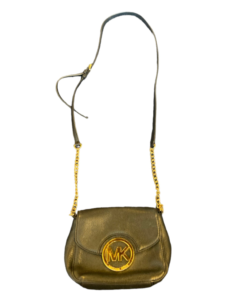 Michael Michael Kors, Michael Michael Kors Black Leather Gold hardware Flap Logo Crossbody Bag