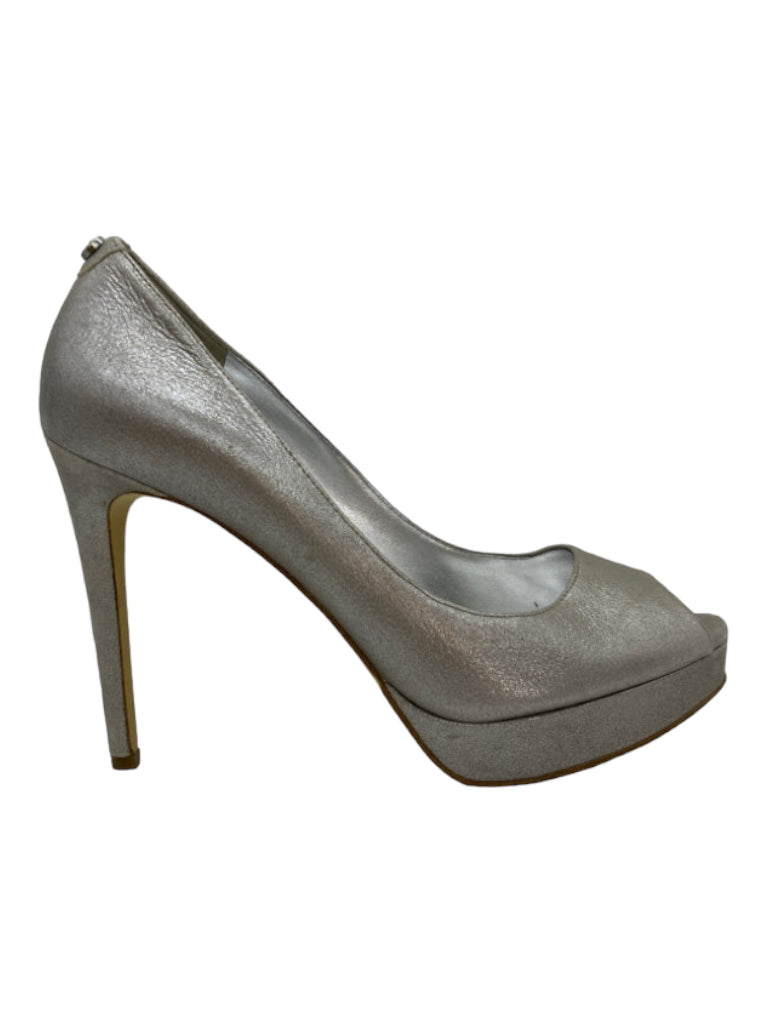 Michael Michael Kors, Michael Michael Kors Shoe Size 7.5 Silver Leather Peep Toe Platform Shoes