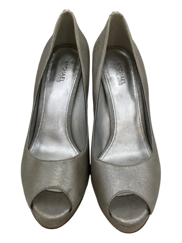 Michael Michael Kors, Michael Michael Kors Shoe Size 7.5 Silver Leather Peep Toe Platform Shoes