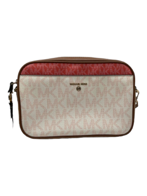 Michael Michael Kors, Michael Michael Kors White, Pink, Brown Coated Canvas Top Zipper Monogram Bag