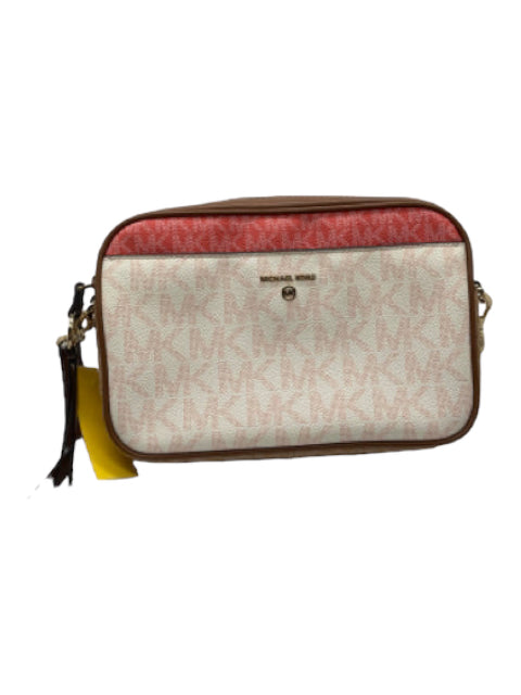 Michael Michael Kors, Michael Michael Kors White, Pink, Brown Coated Canvas Top Zipper Monogram Bag