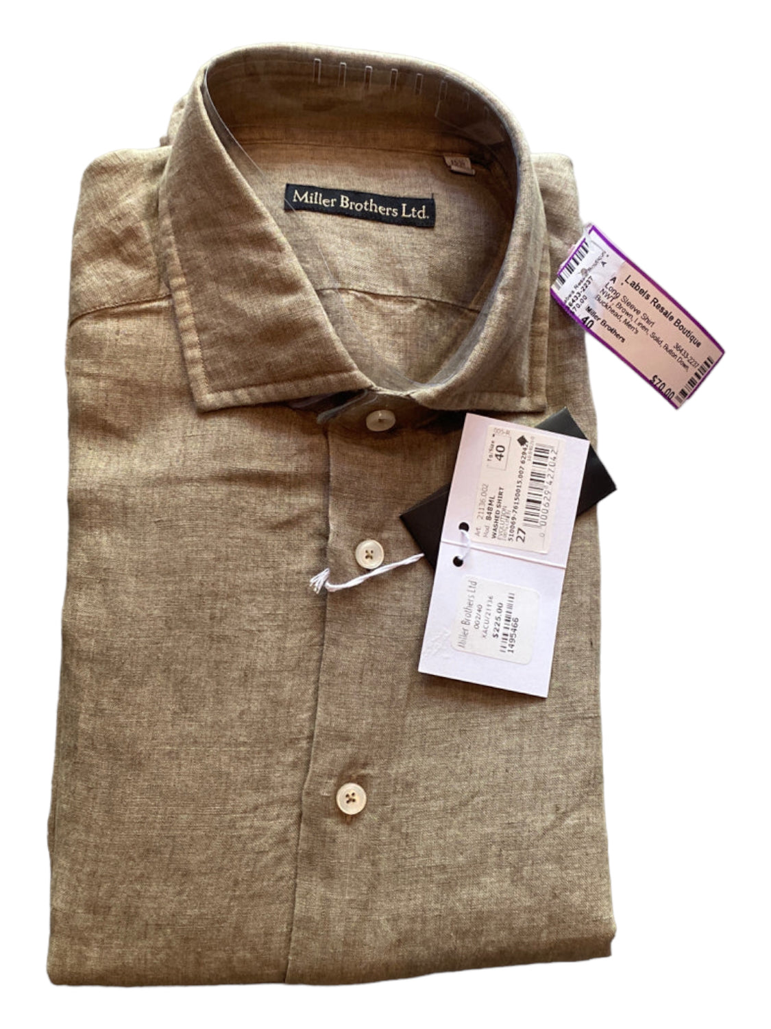 Miller Brothers, Miller Brothers NWT Size 40 Brown Linen Solid Button Down Long Sleeve Shirt