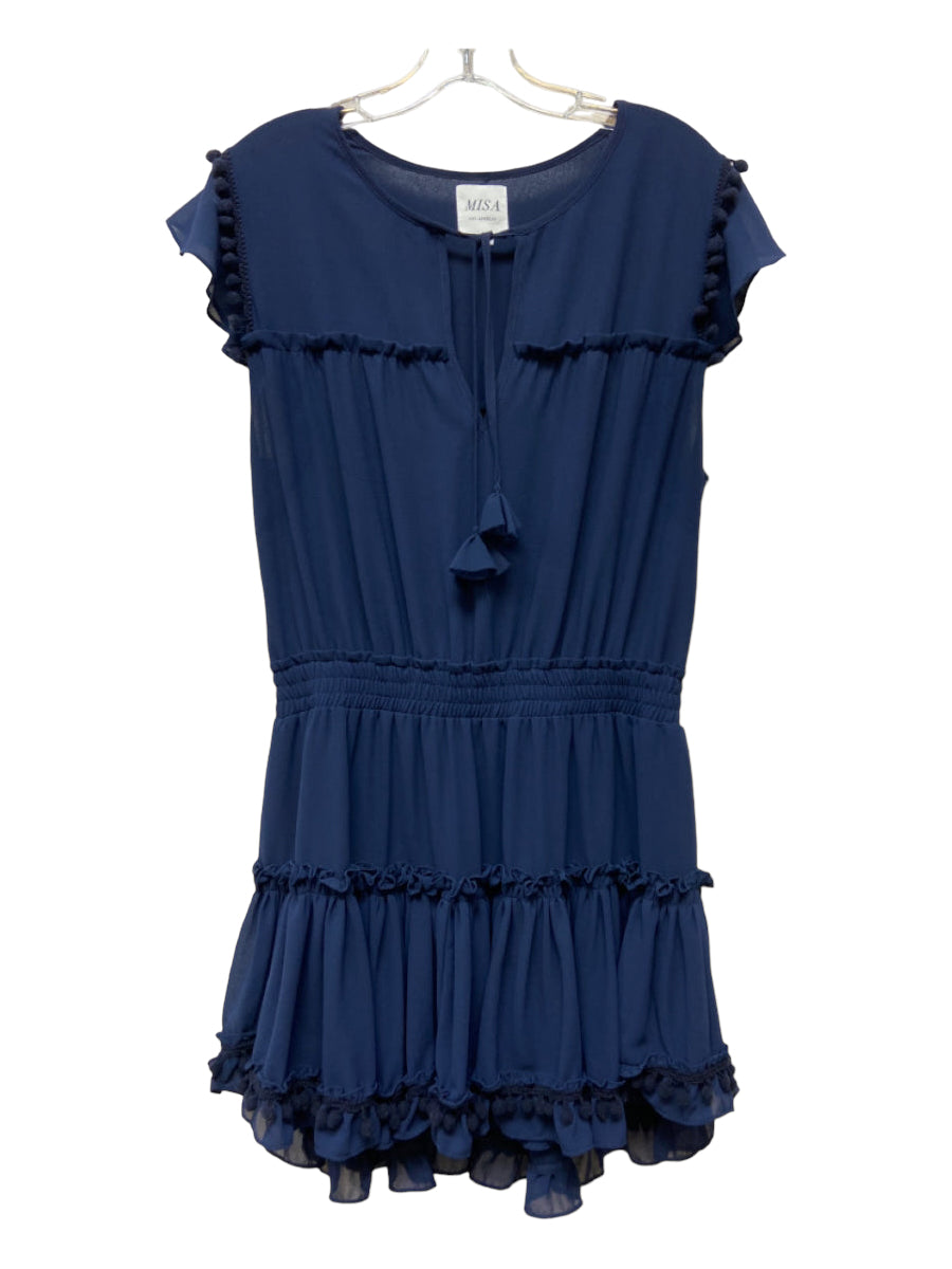 Misa, Misa Size L Blue Viscose Tiered Sleeveless Tie Detail Dress