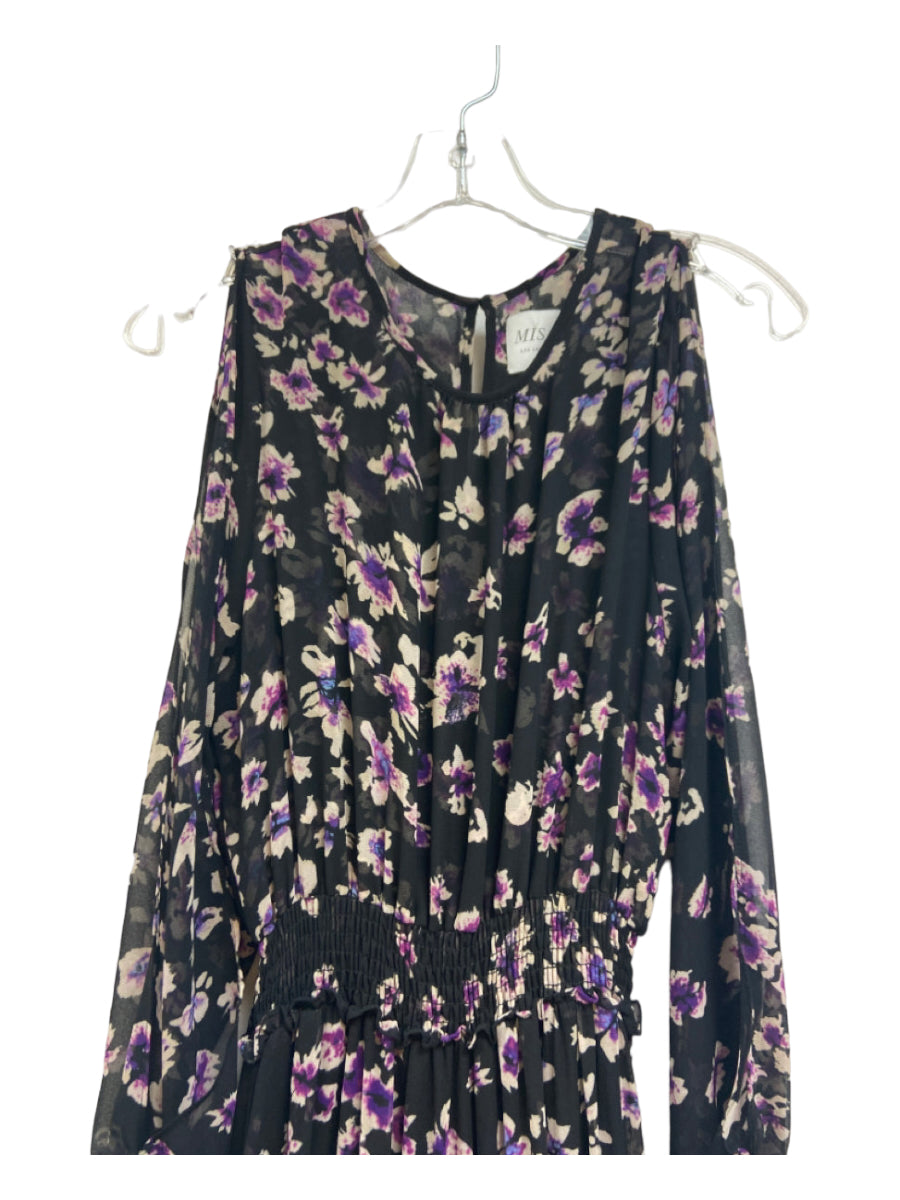 Misa, Misa Size M Black, Purple, White Viscose Floral Elastic Waist Long Sleeve Dress