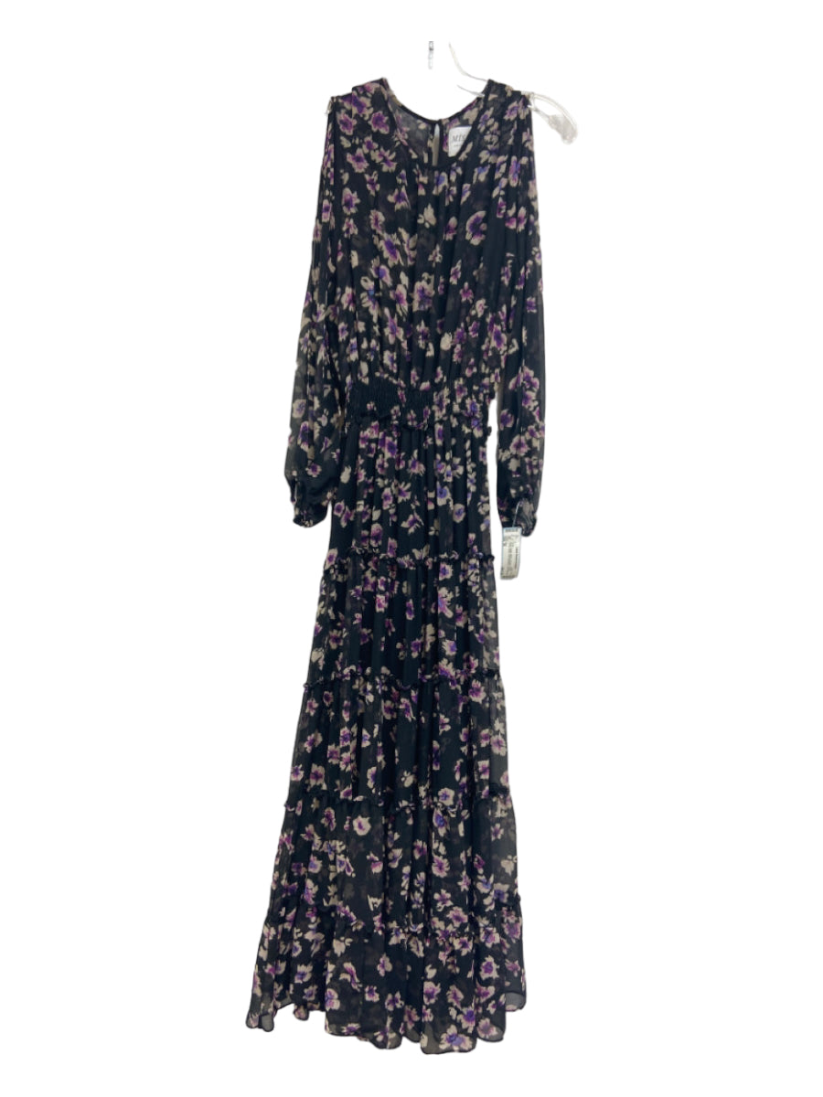 Misa, Misa Size M Black, Purple, White Viscose Floral Elastic Waist Long Sleeve Dress