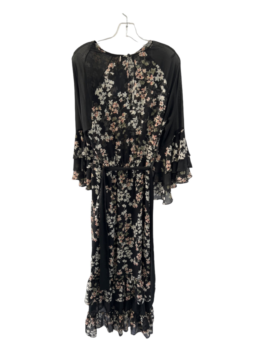 Misa, Misa Size M Black & Tan Polyester Long Sleeve Floral Maxi Dress