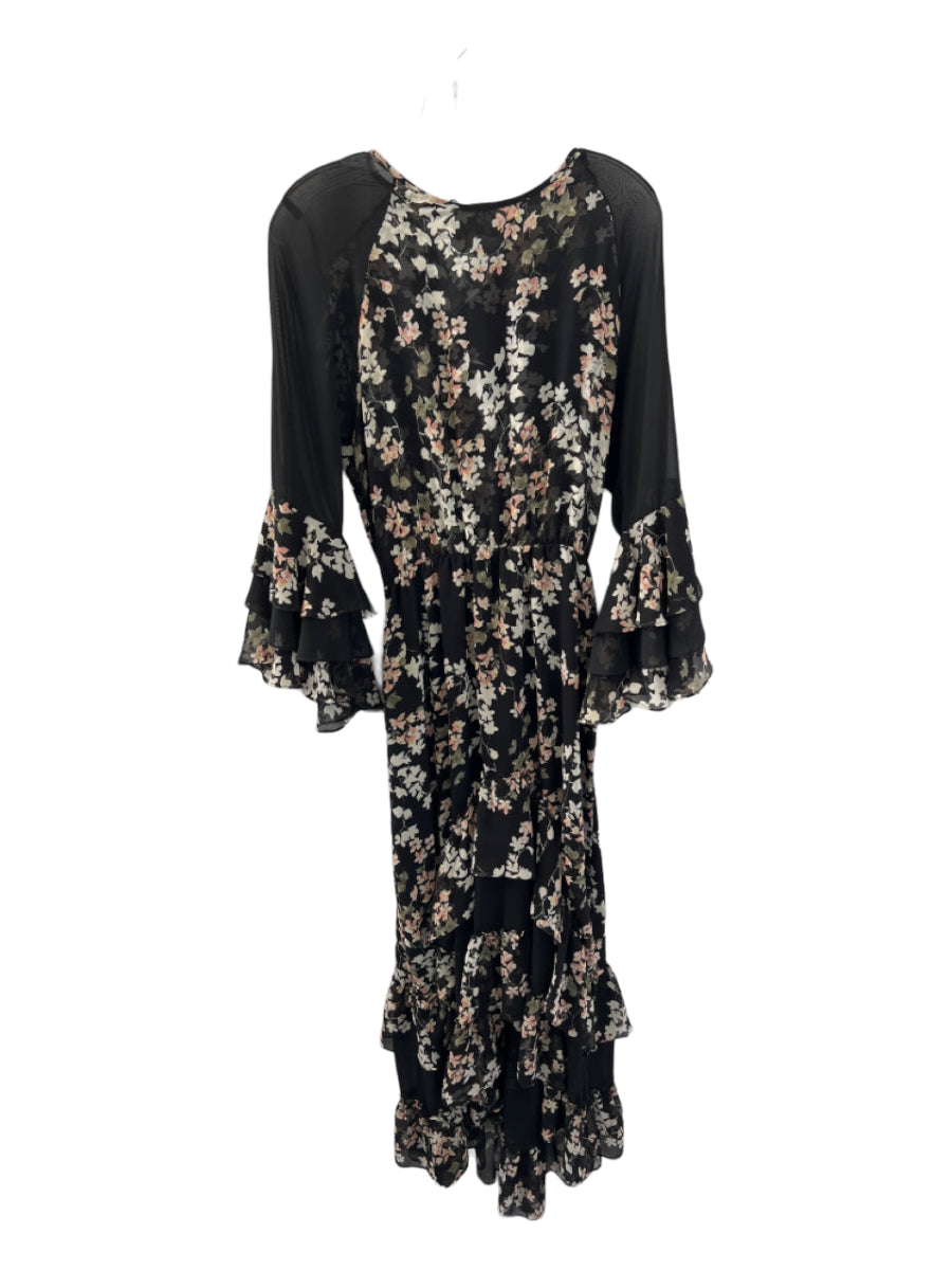 Misa, Misa Size M Black & Tan Polyester Long Sleeve Floral Maxi Dress