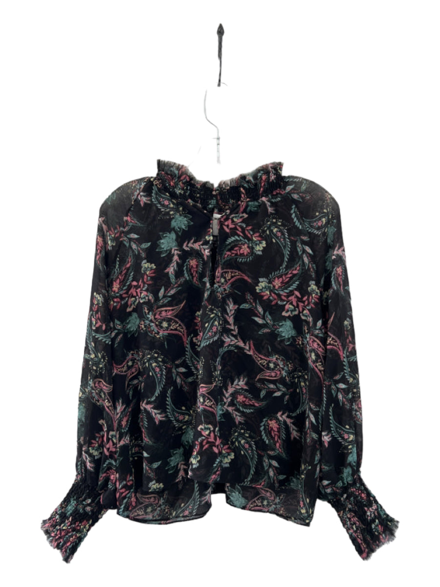 Misa, Misa Size M Black & Teal Polyester Paisley Long Sleeve Top