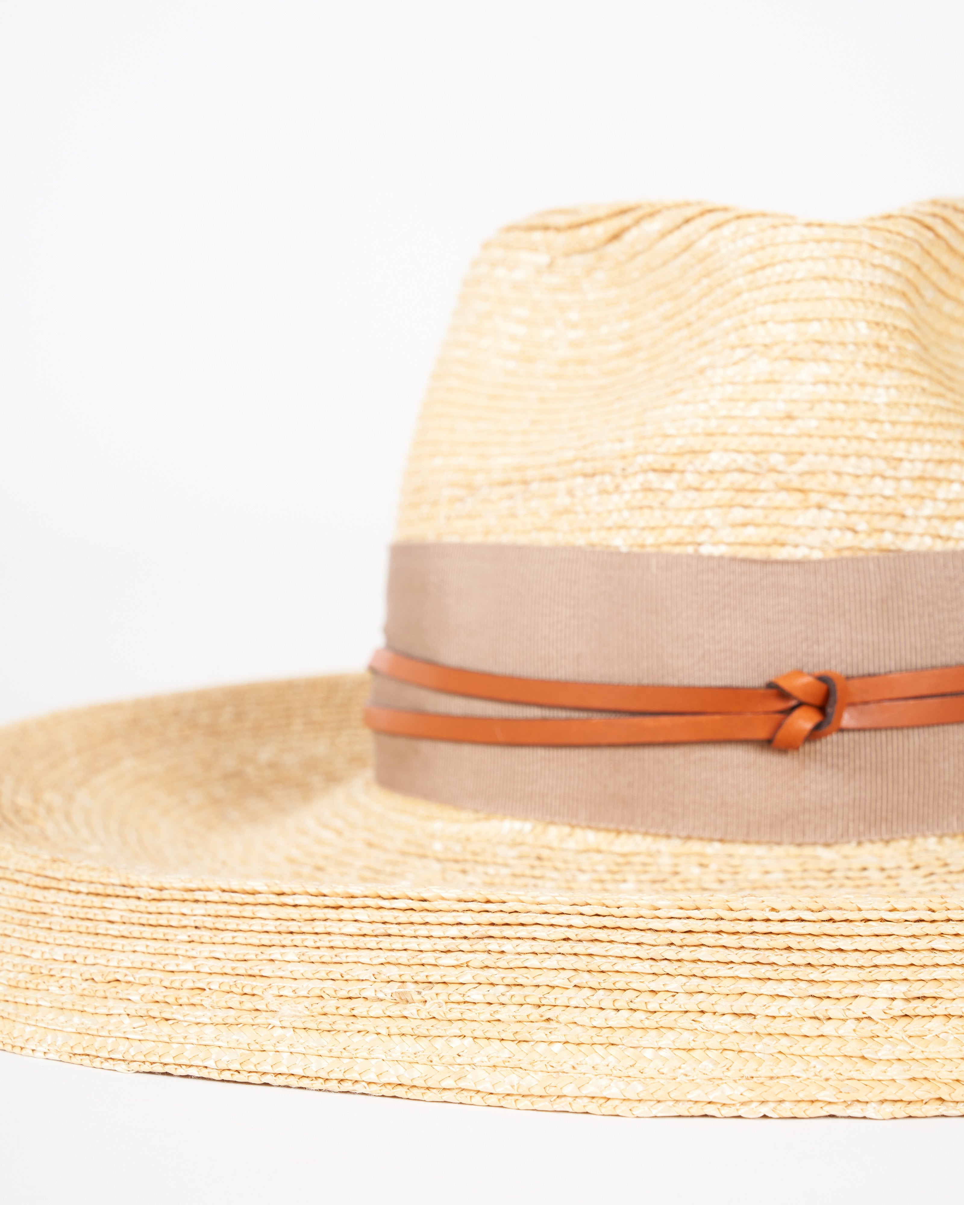 lola hats, camargo wide brim hat with grosgrain and leather - natural and camel