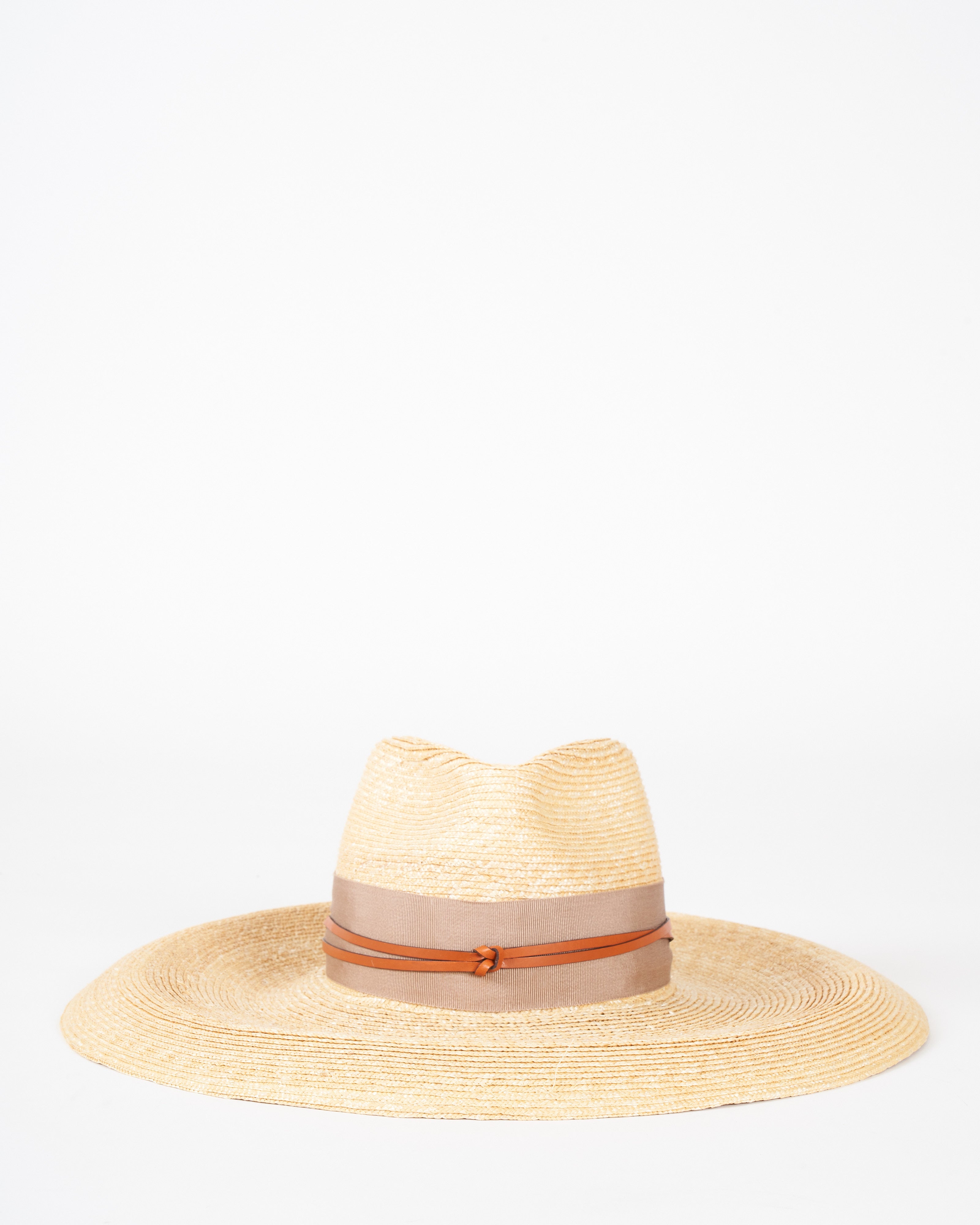 lola hats, camargo wide brim hat with grosgrain and leather - natural and camel