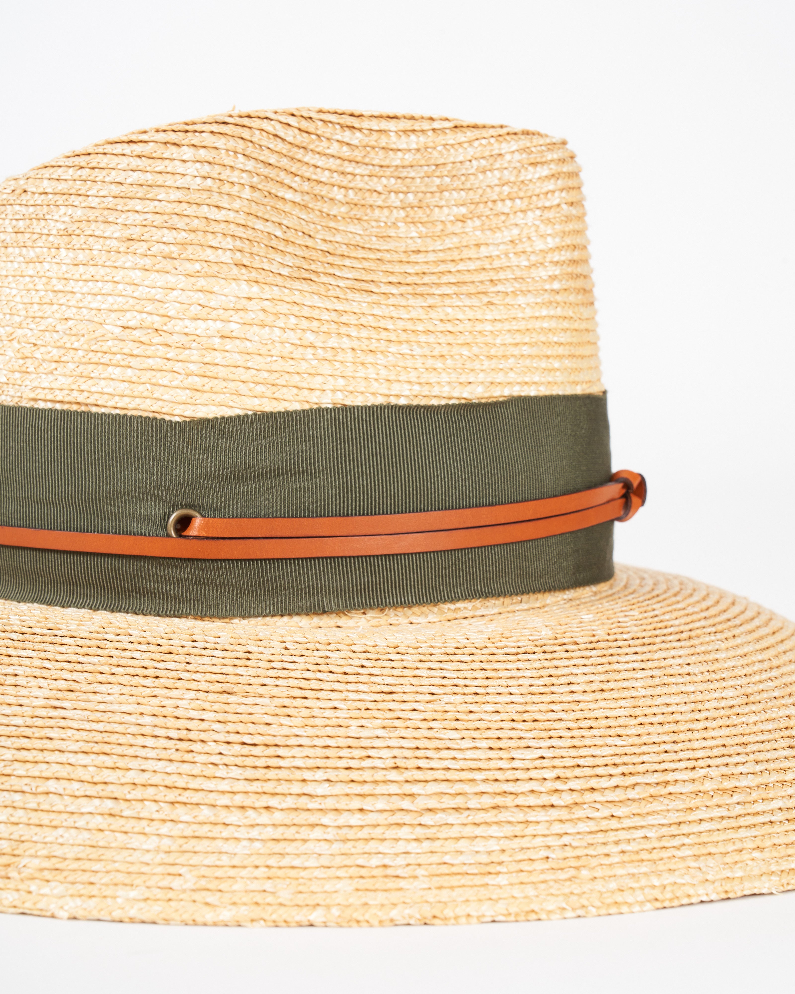 lola hats, camargo wide brim hat with grosgrain and leather - natural and seaweed