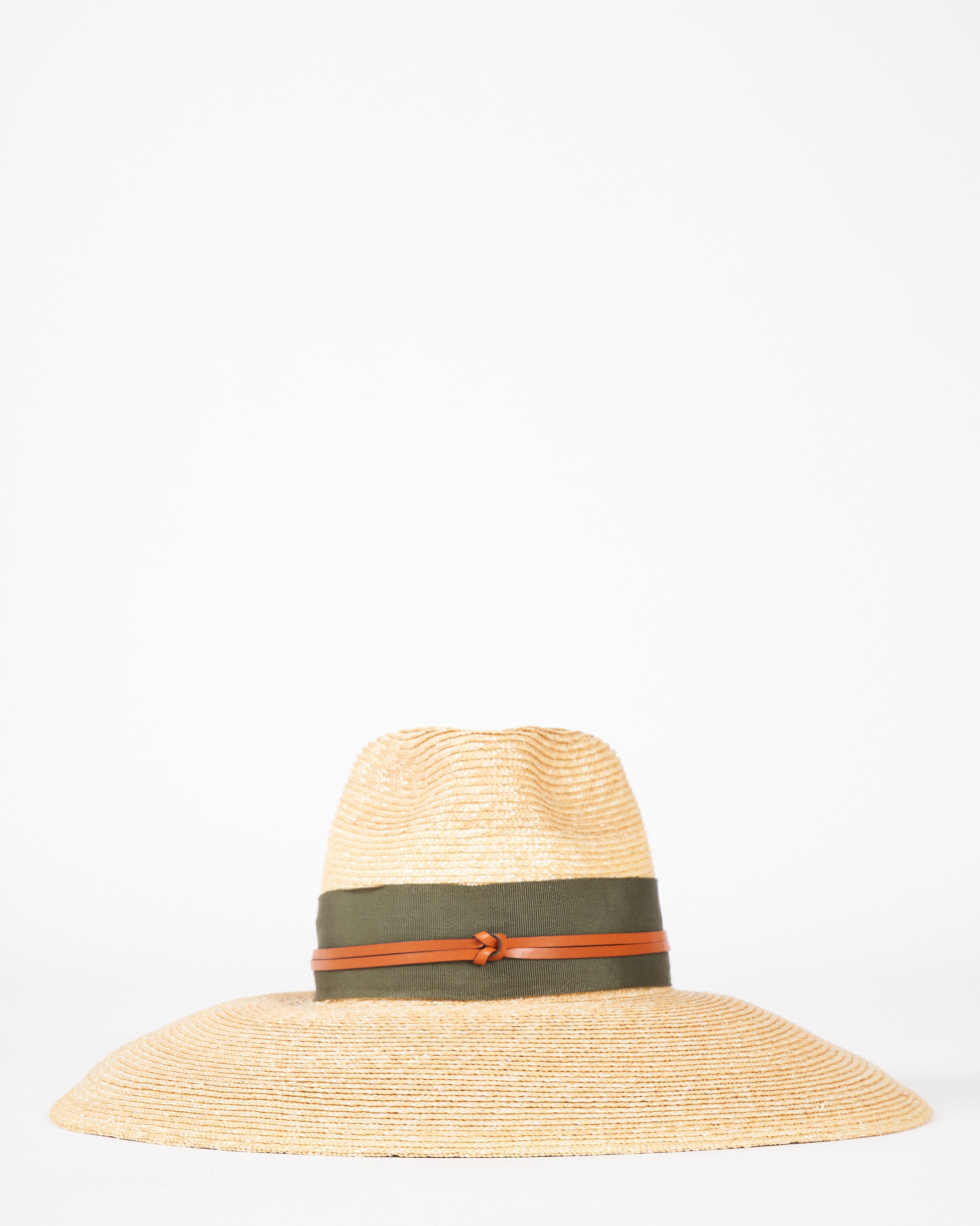 lola hats, camargo wide brim hat with grosgrain and leather - natural and seaweed