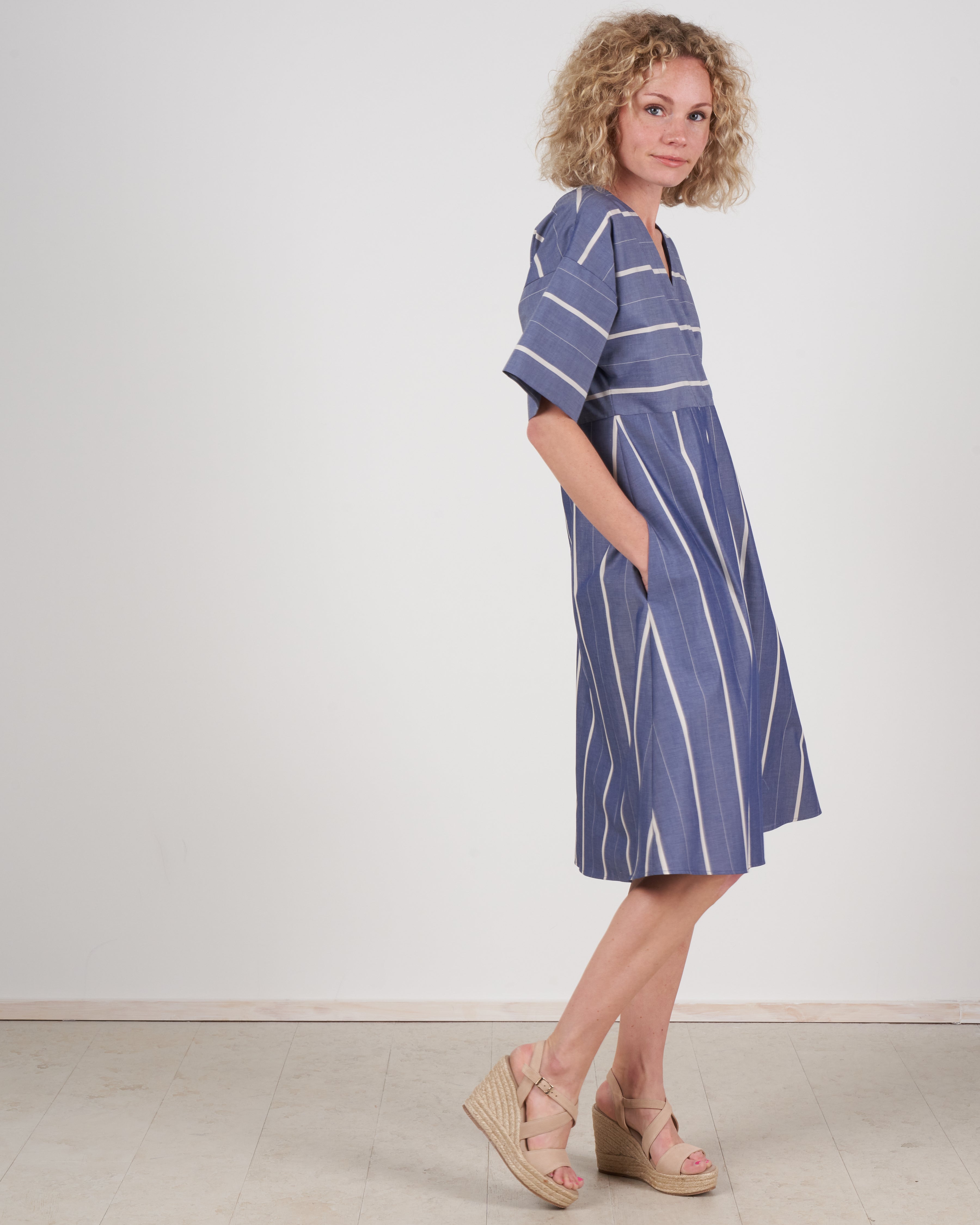 Kal Rieman, cuffed cross front dress - chambray stripe