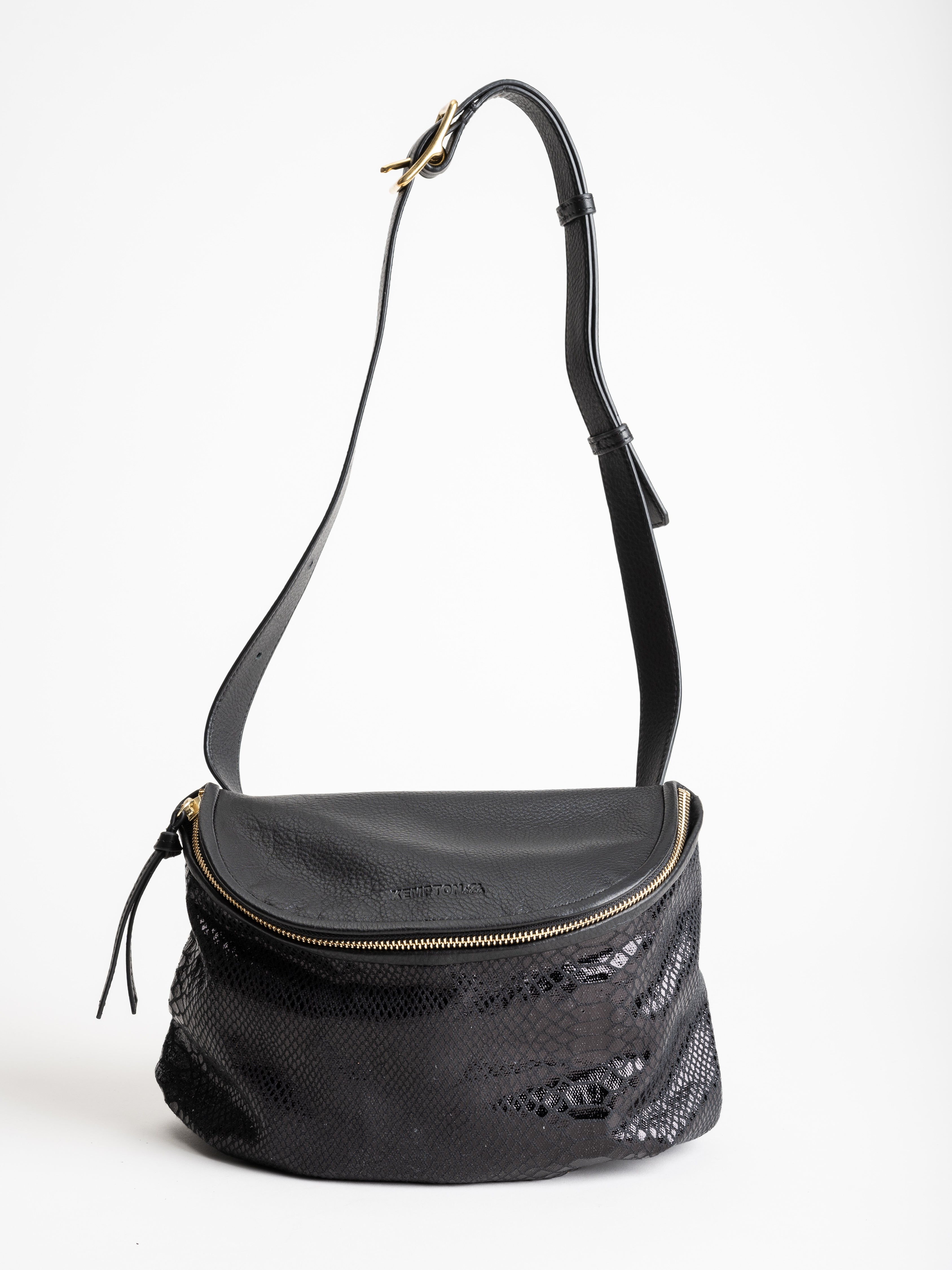 kempton and co, furtivo belt bag - black snake skin