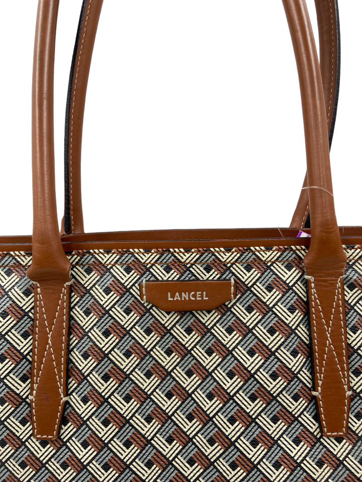 lancel, lancel Ivory, Blue, Brown Leather & Coated Canvas Geometric Tote Zip Top Bag