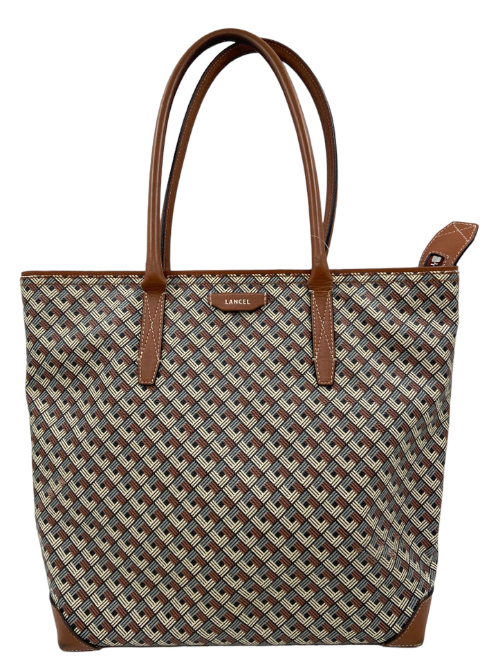 lancel, lancel Ivory, Blue, Brown Leather & Coated Canvas Geometric Tote Zip Top Bag