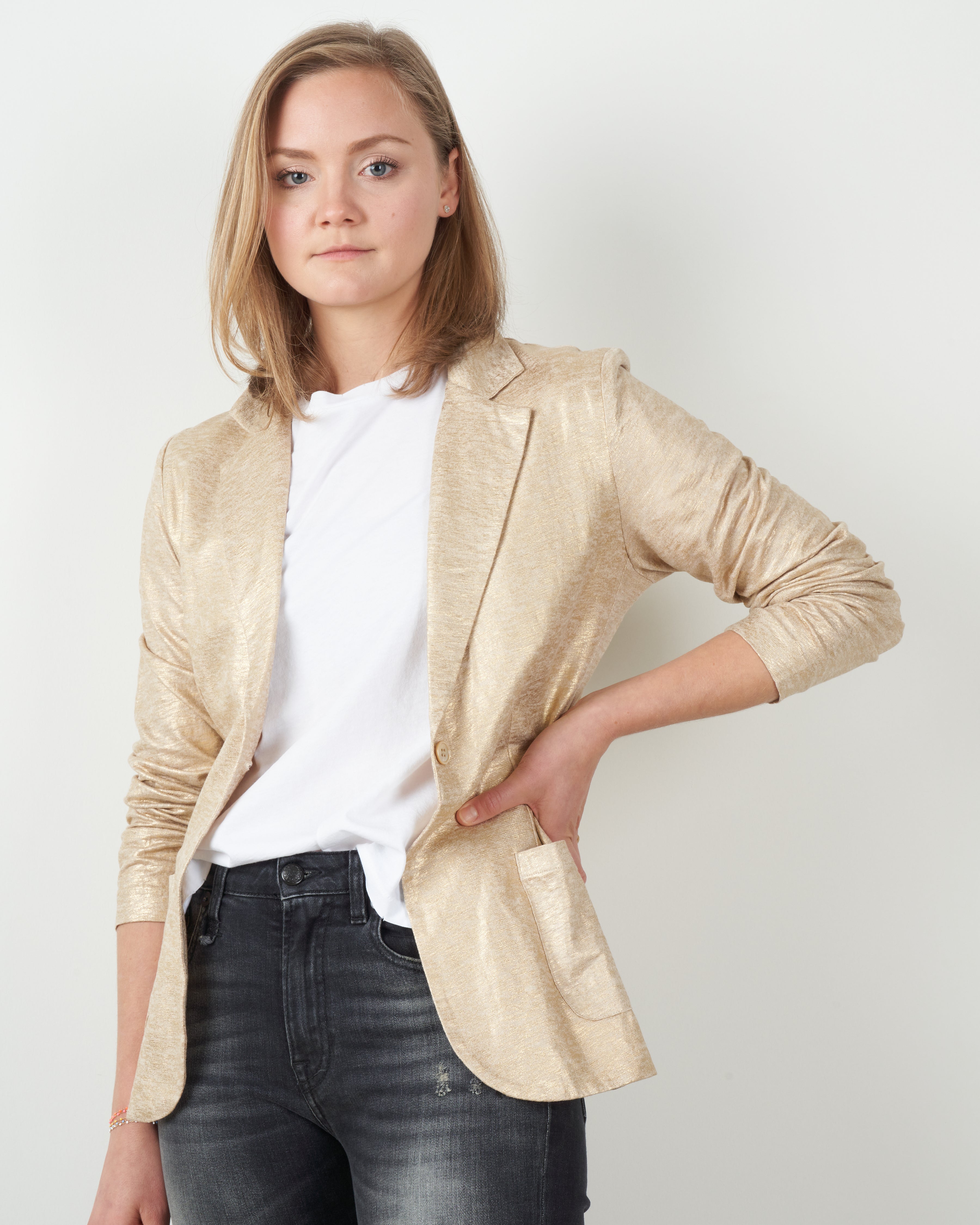 majestic, metallic one button blazer - golden sand