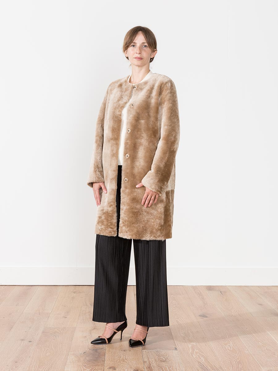 liven, metallic shearling coat