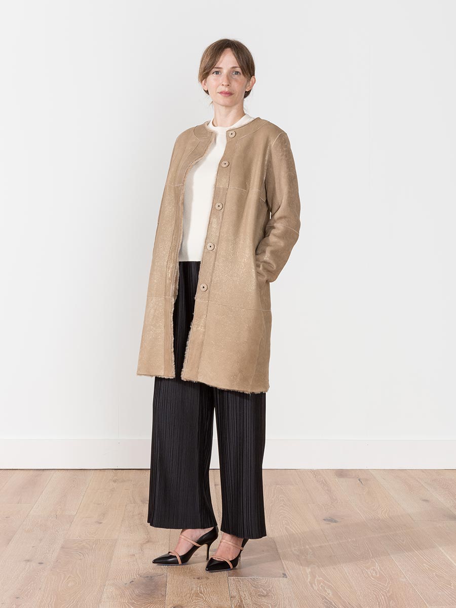 liven, metallic shearling coat