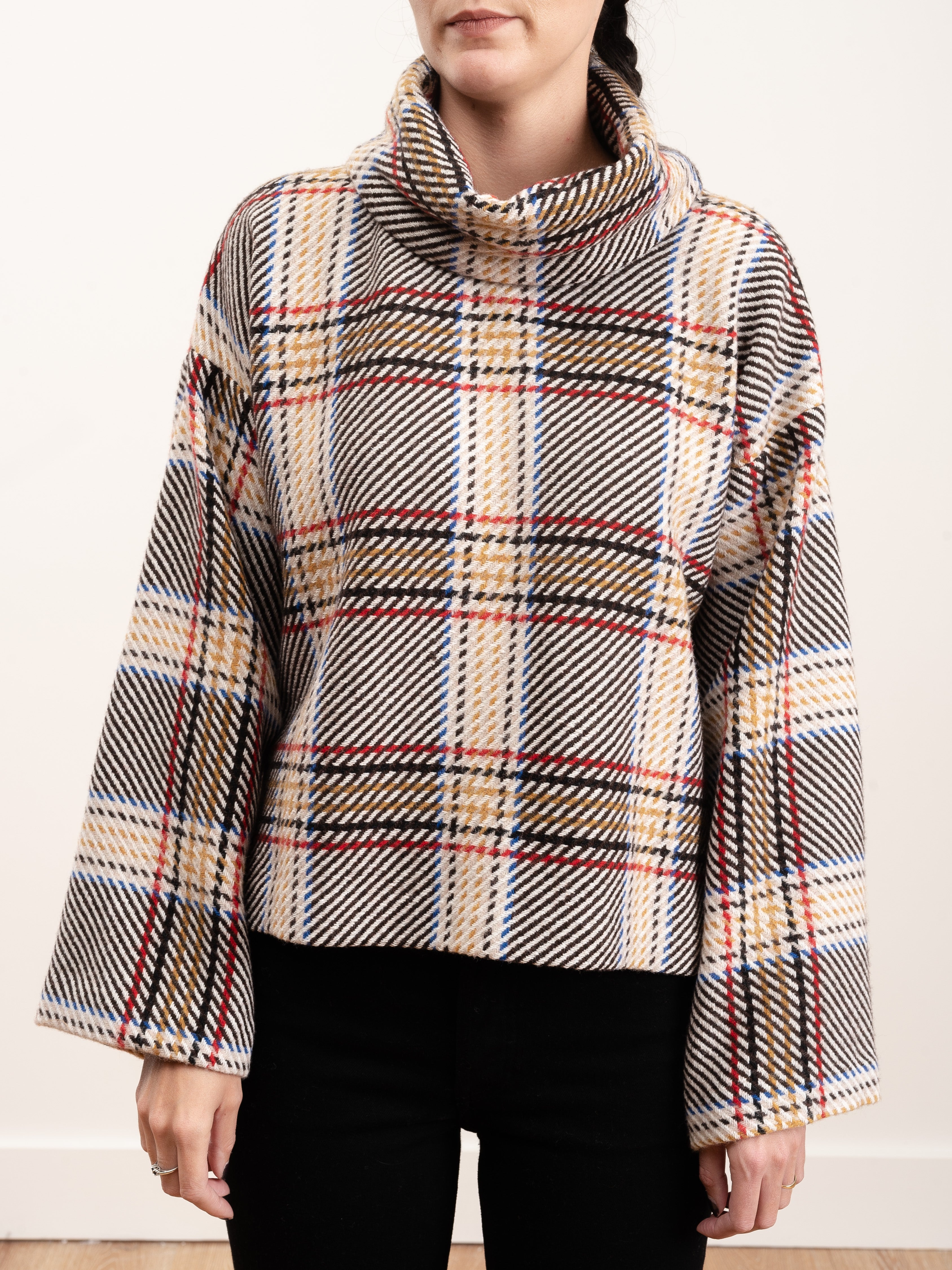 Kal Rieman, plaid cape sleeve turtleneck