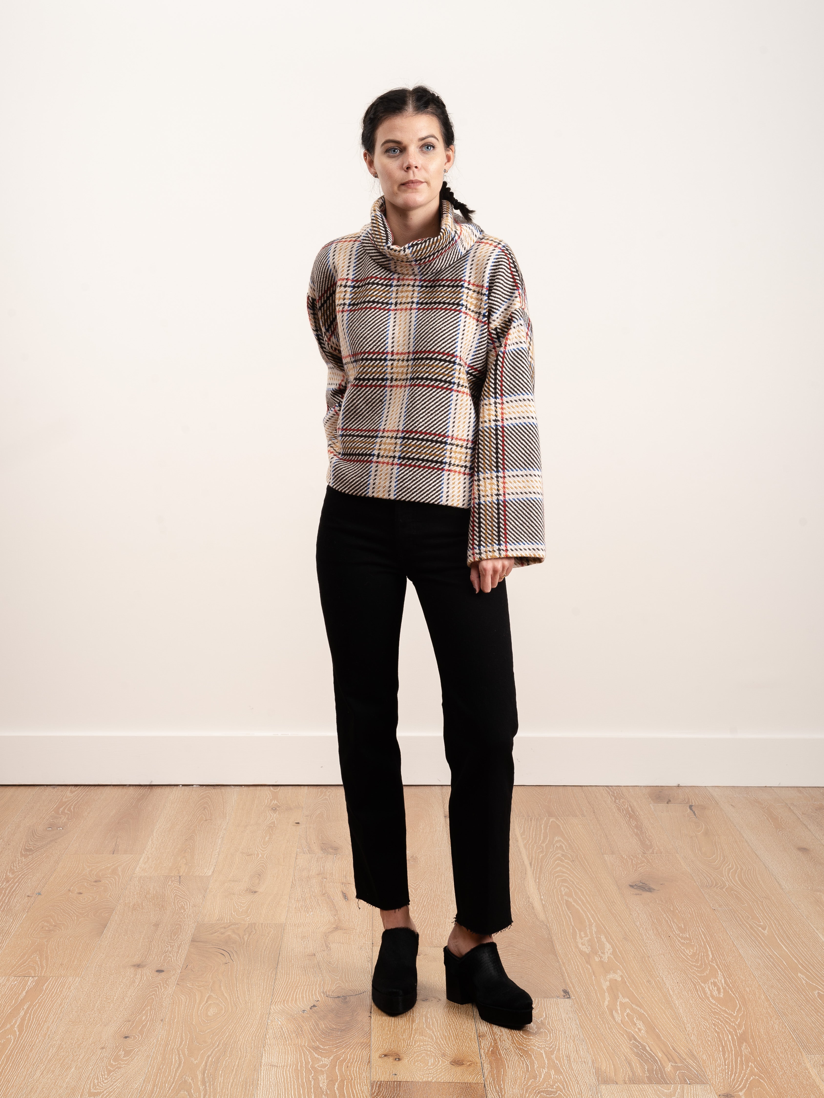 Kal Rieman, plaid cape sleeve turtleneck