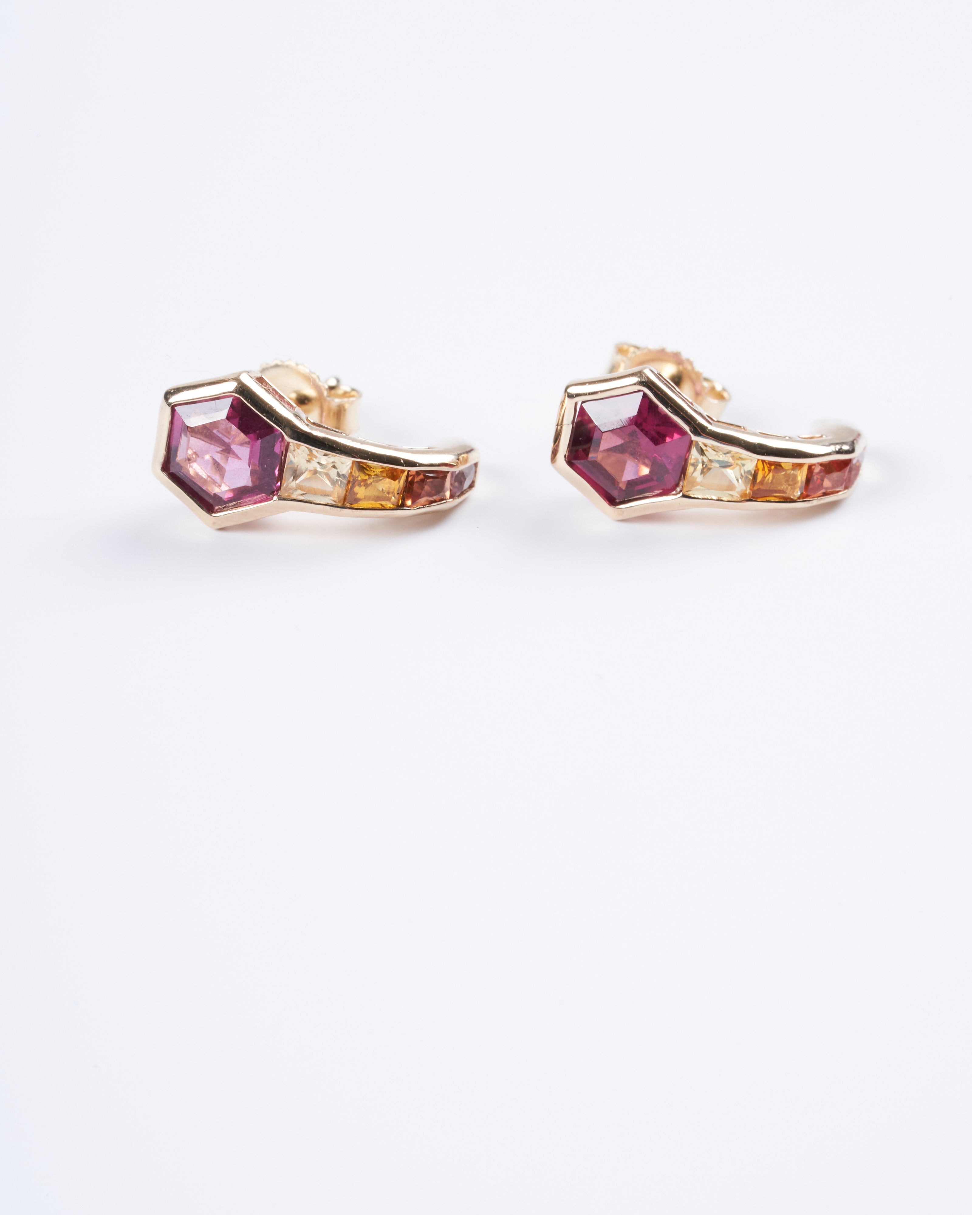 jolly bijou, pod earrings with rhodolite garnets and yellow sapphires in yellow gold - yellow