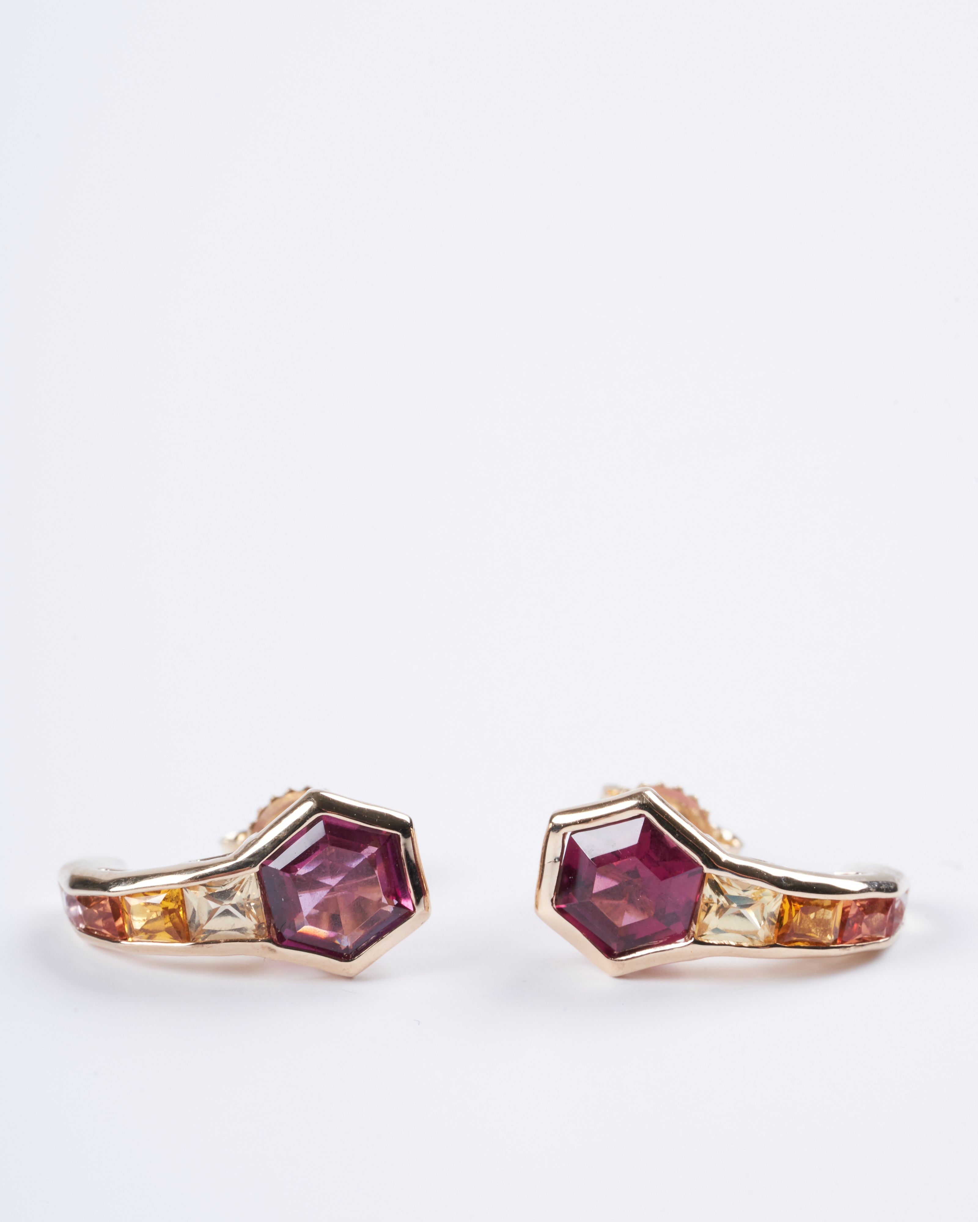 jolly bijou, pod earrings with rhodolite garnets and yellow sapphires in yellow gold - yellow