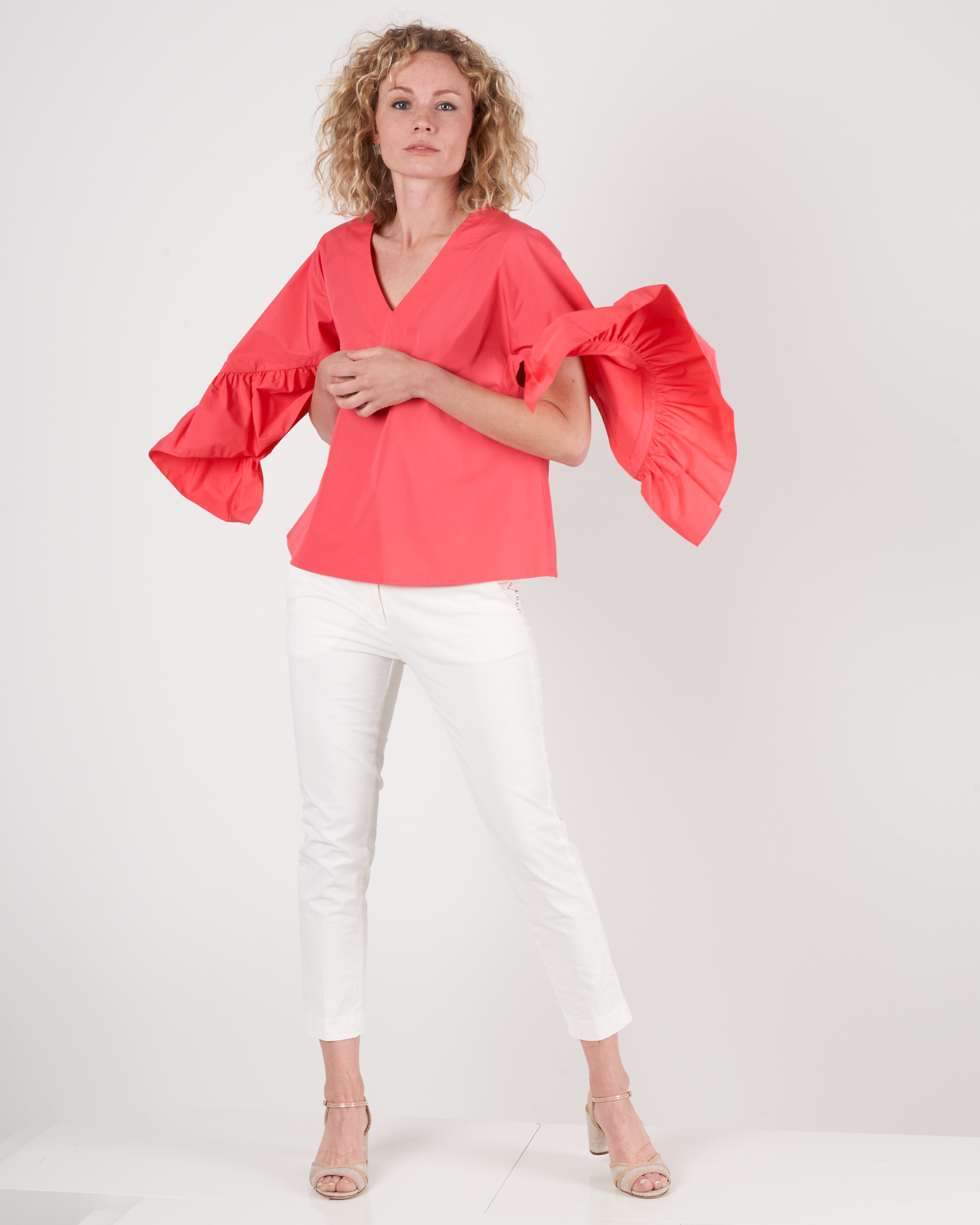 margareth and moi, ruffle sleeve top - coral