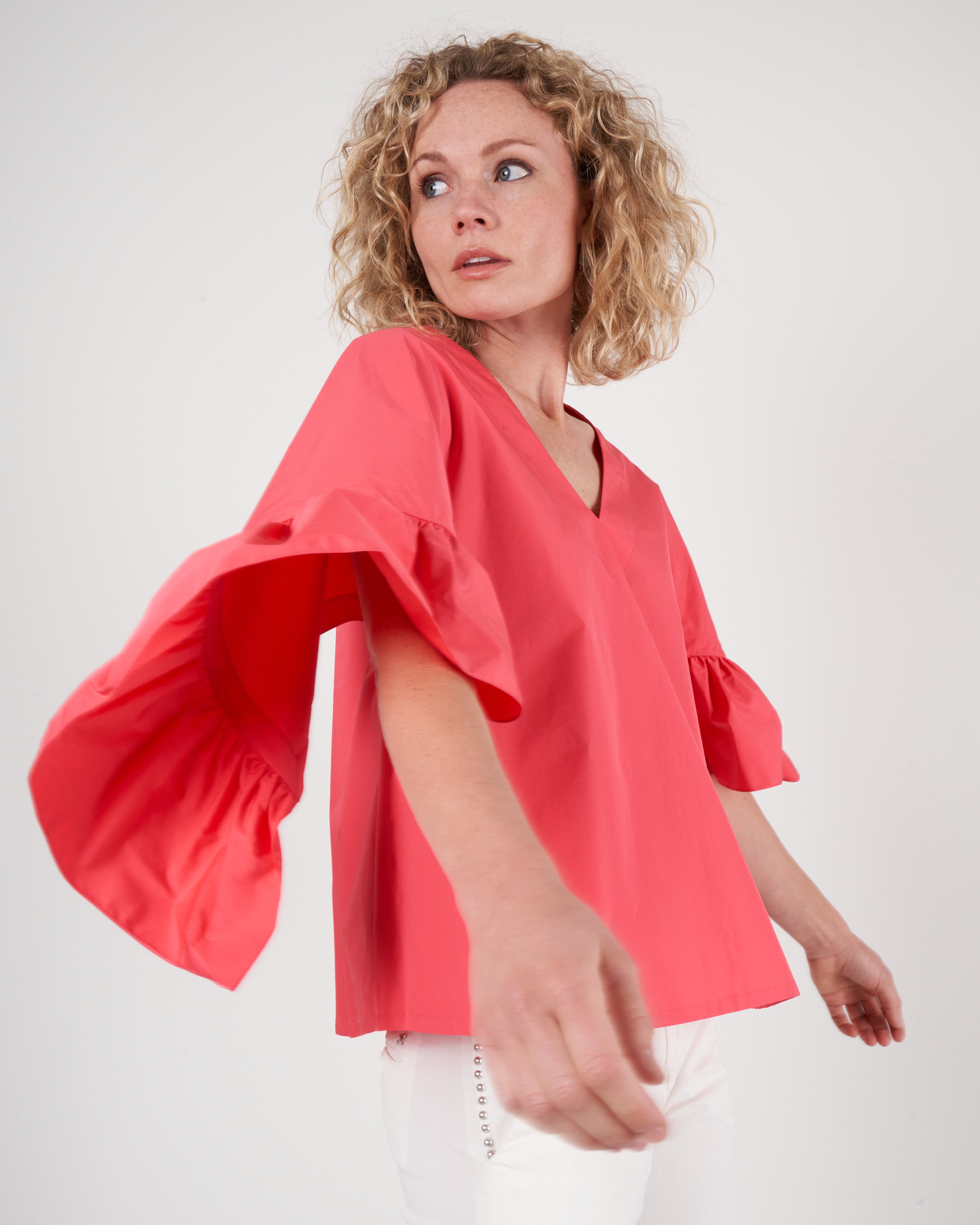 margareth and moi, ruffle sleeve top - coral