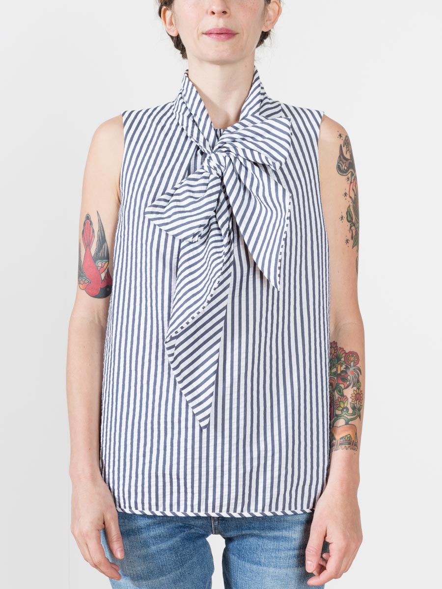 margareth & moi, tie neck blouse - navy stripe