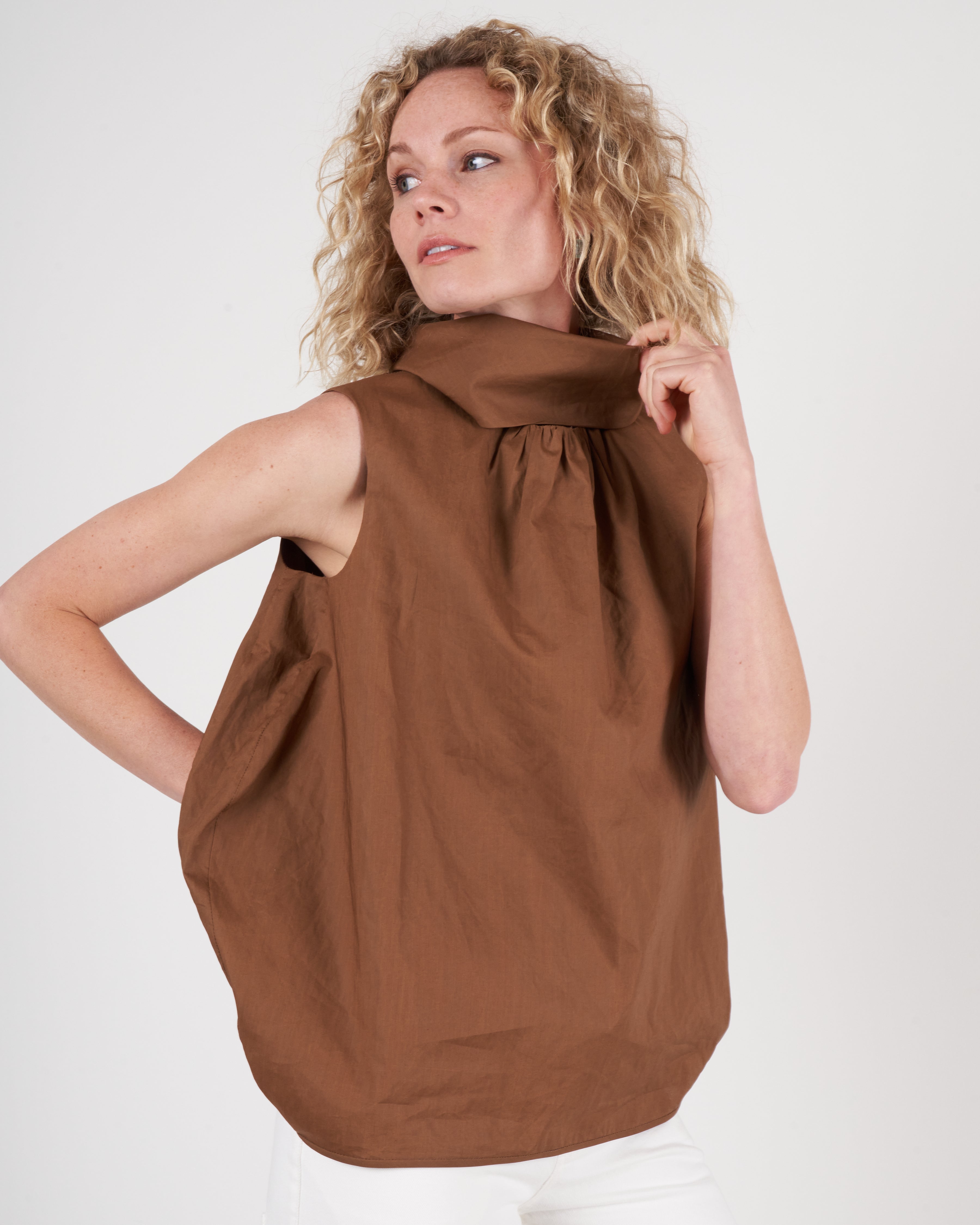 margareth and moi, tie neck blouse - tobacco